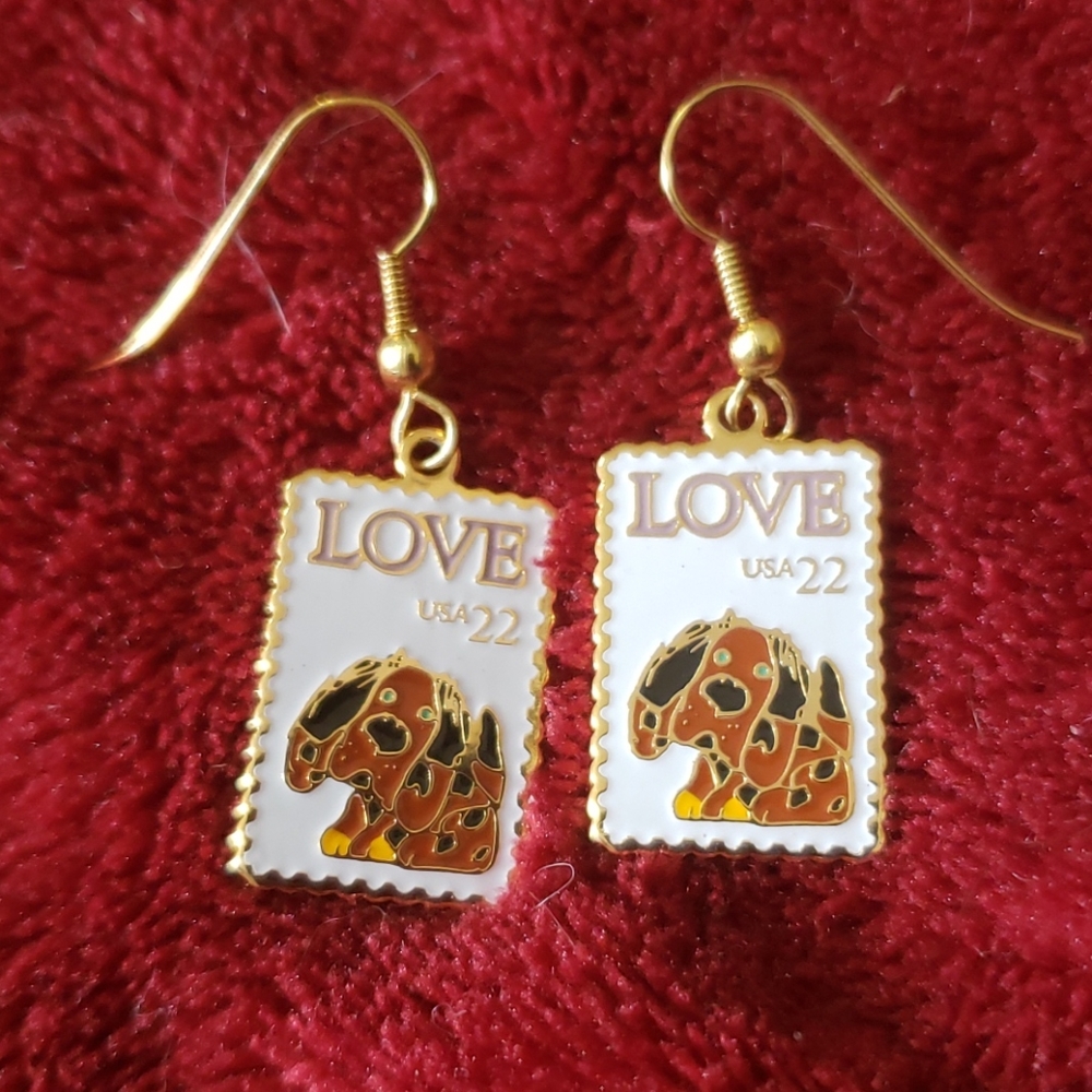 Vintage 1995 USPS Puppy Dog LOVE Stamp Earrings